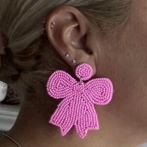 2/$30🌵 Pink Beaded Jumbo Bow Earrings Girly Coquette Fairy Jewelry Gift NEW